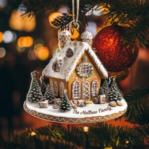 Personalized Family Gingerbread House Ornament, Custom Wooden Gingerbread House Christmas Ornament, Family Name Holiday Keepsake by Ornivo