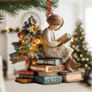 Main featured view of Personalized Girl Reading Christmas Ornament, Custom Book Lover Wooden Ornament, Reading Girl Holiday Decoration, Reader Gift by Ornivo manufactured by VTN Group