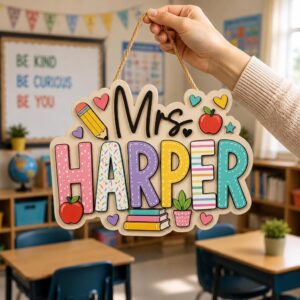 Personalized Teacher Door Sign, Custom Wooden Classroom Door Hanger, Teacher Name Welcome Sign, Back to School Classroom Decor by Ornivo