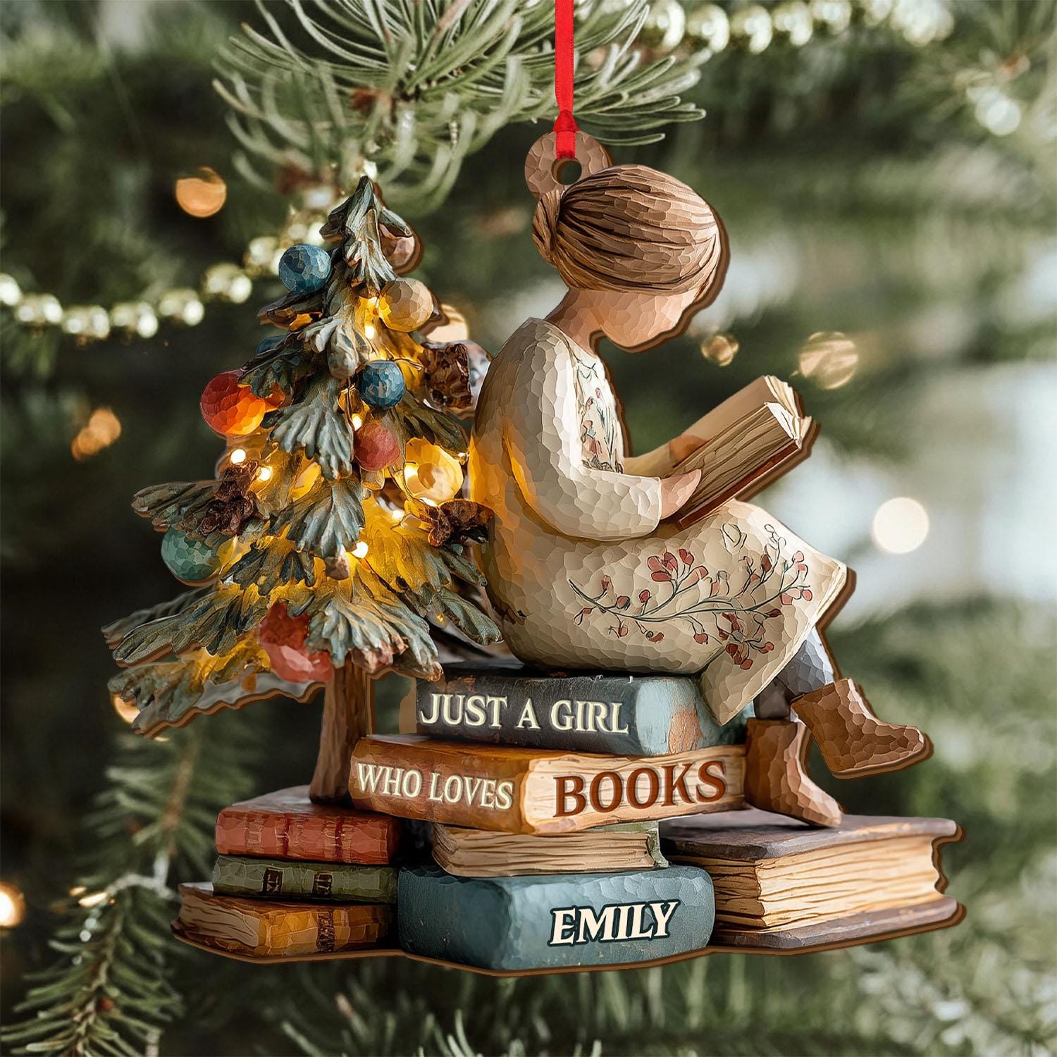 Detailed angle view 1 of Personalized Girl Reading Christmas Ornament, Custom Book Lover Wooden Ornament, Reading Girl Holiday Decoration, Reader Gift by Ornivo manufactured by VTN Group