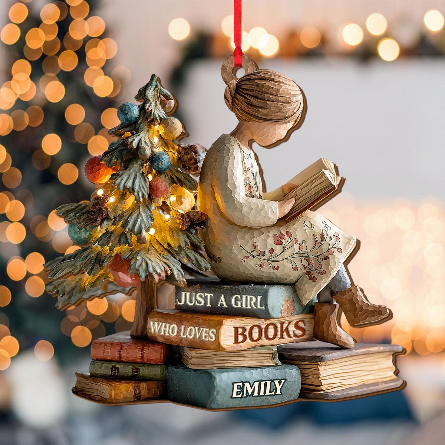 Detailed angle view 2 of Personalized Girl Reading Christmas Ornament, Custom Book Lover Wooden Ornament, Reading Girl Holiday Decoration, Reader Gift by Ornivo manufactured by VTN Group