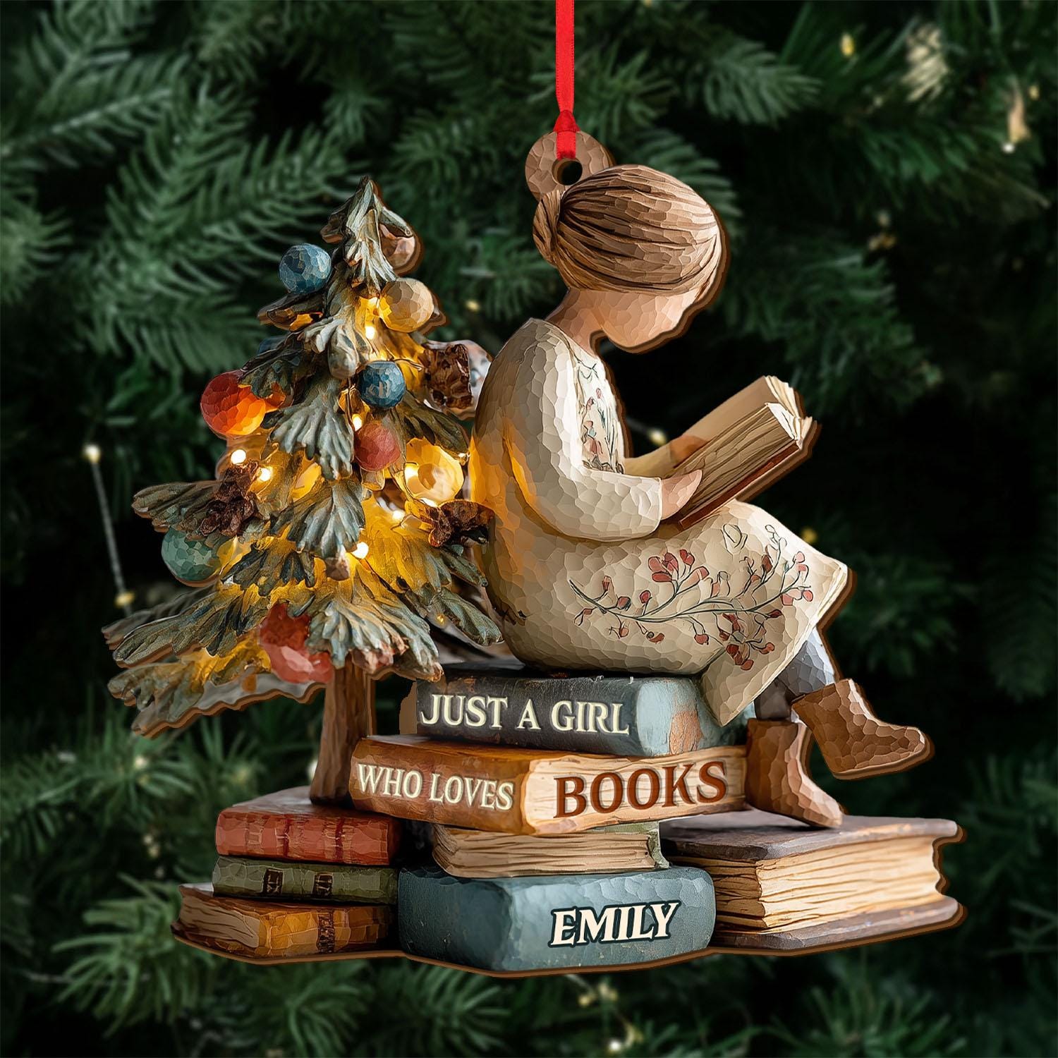 Detailed angle view 3 of Personalized Girl Reading Christmas Ornament, Custom Book Lover Wooden Ornament, Reading Girl Holiday Decoration, Reader Gift by Ornivo manufactured by VTN Group