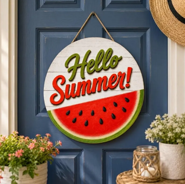 Hello Summer Wooden Door Sign, Personalized Family Name Door Hanger, Summer Front Porch Decor, Custom Welcome Sign, Housewarming Gift by Ornivo - Image 2