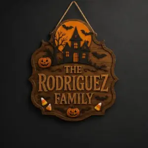 Main featured view of Personalized Haunted House Halloween Wooden Door Sign, Custom Family Name Halloween Door Hanger, Spooky Front Door Decor, Fall Porch Decoration by Ornivo manufactured by VTN Group