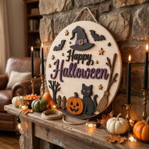 Main featured view of Personalized Witch Halloween Wooden Door Sign, Custom Family Name Halloween Door Hanger, Witch Hat Front Door Decor, Spooky Fall Decoration by Ornivo manufactured by VTN Group