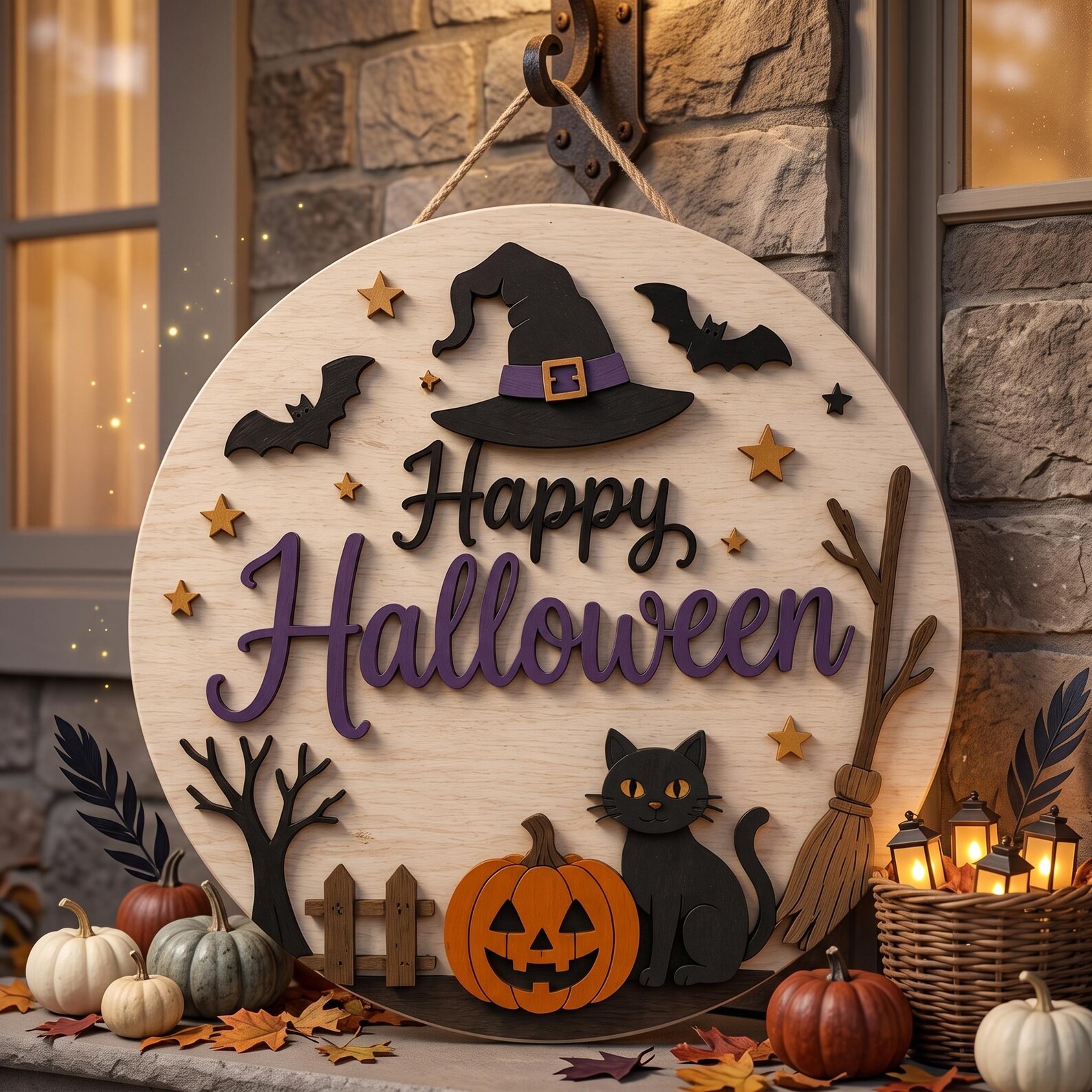 Detailed angle view 2 of Personalized Witch Halloween Wooden Door Sign, Custom Family Name Halloween Door Hanger, Witch Hat Front Door Decor, Spooky Fall Decoration by Ornivo manufactured by VTN Group