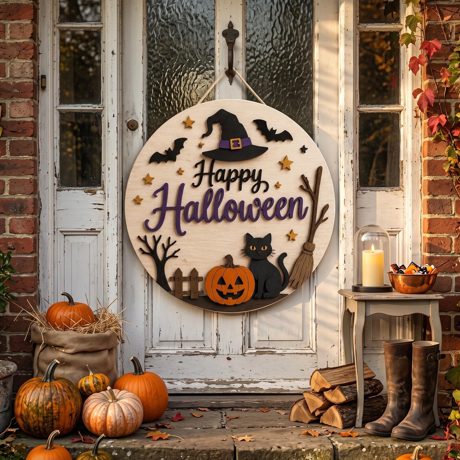 Detailed angle view 3 of Personalized Witch Halloween Wooden Door Sign, Custom Family Name Halloween Door Hanger, Witch Hat Front Door Decor, Spooky Fall Decoration by Ornivo manufactured by VTN Group