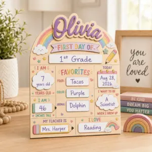 Main featured view of Personalized Wooden First Day of School Sign, Custom School Milestone Board, First & Last Day Reusable Sign, Back to School Photo Prop, Custom Name Gift by Ornivo manufactured by VTN Group