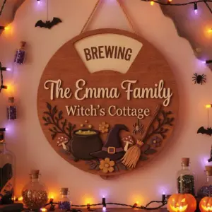 Detailed angle view 2 of Personalized Rotating Witch's Cottage Halloween Door Sign, Custom Family Name Wooden Door Hanger, Interactive Spooky Fall Decor by Ornivo manufactured by VTN Group