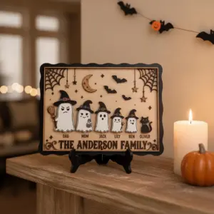 Main featured view of Personalized Witch & Ghost Family Halloween Door Sign, Custom Family Name Wooden Door Hanger, Cute Spooky Front Door Decor by Ornivo manufactured by VTN Group