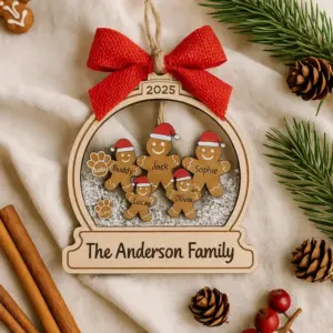 Main featured view of Personalized Gingerbread Family Christmas Ornament, Custom Family Name Wooden Ornament, Christmas Tree Decoration, Holiday Keepsake Gift by Ornivo manufactured by VTN Group