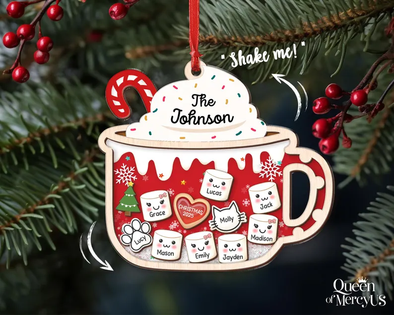 Personalized Family Shaker Ornament with Pets, Custom Christmas Ornament, Family Name Keepsake, Acrylic 4D Moving Ornament, Holiday Gift