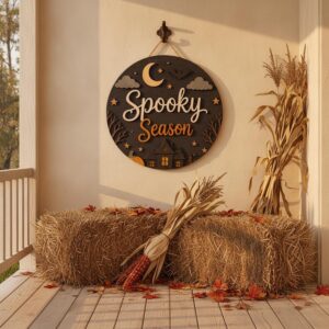 Spooky Season Wooden Door Sign, Haunted House Halloween Door Hanger, Cute Ghost Front Porch Decor, Rustic Fall Welcome Sign
