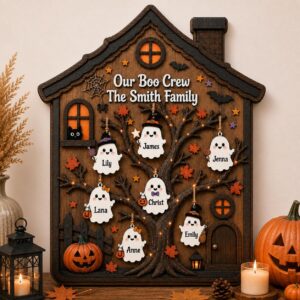Personalized Boo Crew Family Halloween Wooden Plaque, Custom Ghost Names Family Tree Sign, Haunted House Halloween Decor, Spooky Family Gift by Ornivo