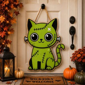 Halloween Black Cat Wooden Door Hanger, Cute Spooky Cat Door Sign, Vampire Witch Mummy Skeleton Cat, Gothic Fall Decor by Ornivo