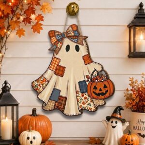 Patchwork Ghost Halloween Door Hanger, Cute Wooden Ghost Door Sign, Pumpkin Basket Fall Porch Decor, Rustic Farmhouse Halloween Decoration by Ornivo
