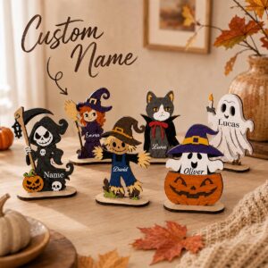 Personalized Halloween Wooden Figurine, Custom Name Spooky Character, Halloween Tabletop Decor, Cute Shelf Sitter, Halloween Gift by Ornivo