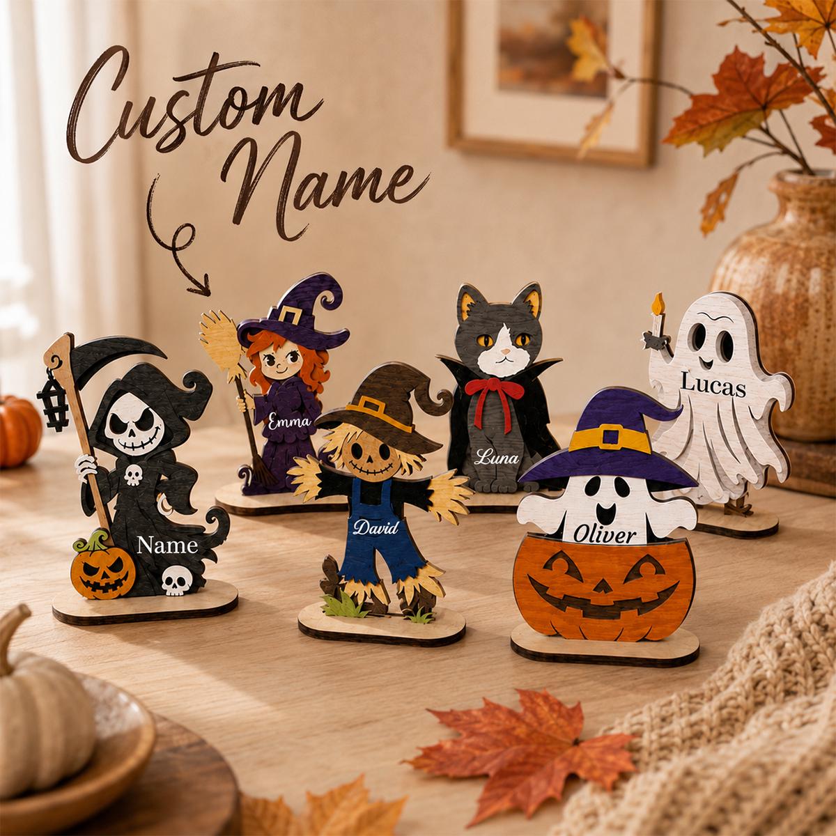 Personalized Halloween Wooden Figurine, Custom Name Spooky Character, Halloween Tabletop Decor, Cute Shelf Sitter, Halloween Gift by Ornivo
