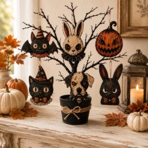 Spooky Halloween Wooden Ornament, Vintage Black Cat Bunny Pumpkin Dog Decor, Gothic Halloween Tree Hanging Decoration by Ornivo
