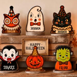 Personalized Vintage Halloween Wooden Block or Ornament, Custom Name Spooky Character Shelf Decor, Retro Halloween Keepsake by Ornivo