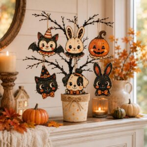 Vintage Halloween Wooden Ornament, Cute Black Cat Bunny Bat Pumpkin Dog Ornament, Retro Spooky Halloween Tree Decor by Ornivo