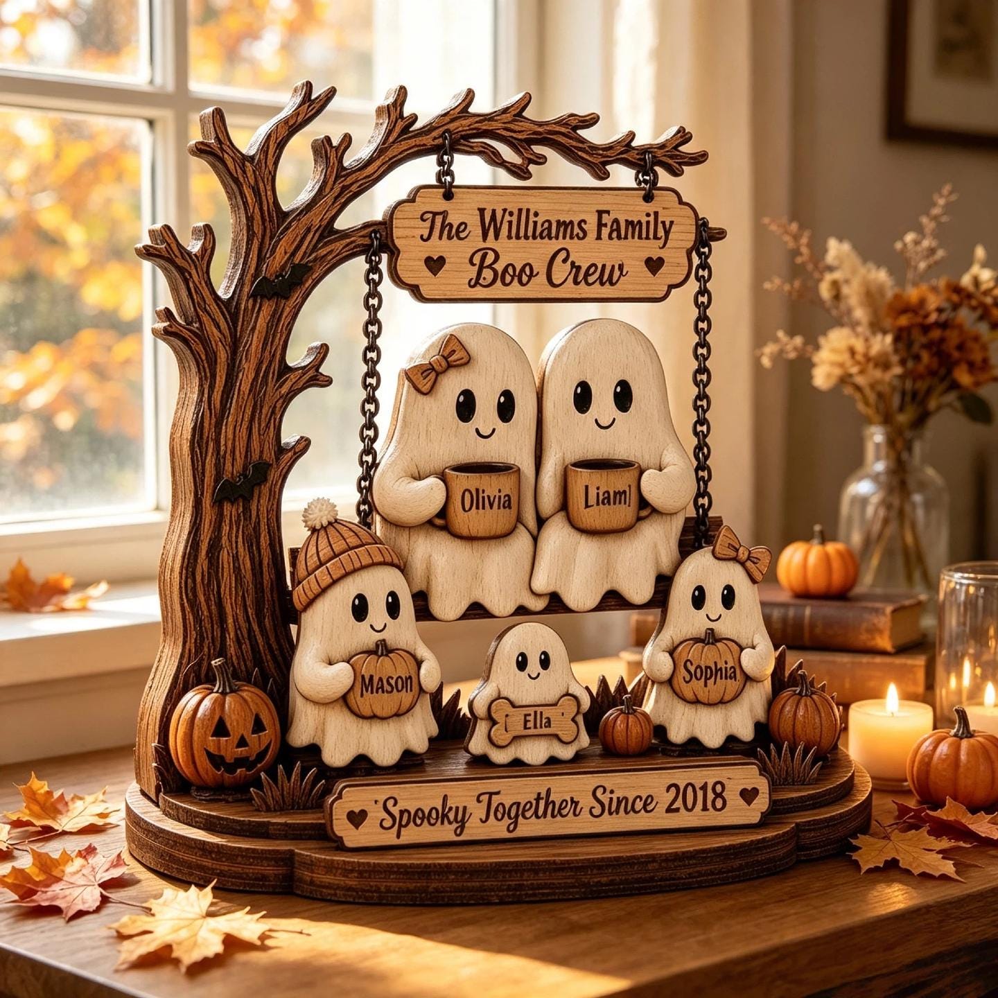 Personalized Ghost Family Halloween Wooden Plaque, Custom Boo Crew Family Name Sign, 2D Spooky Tabletop Decor, Halloween Keepsake by Ornivo - Image 2