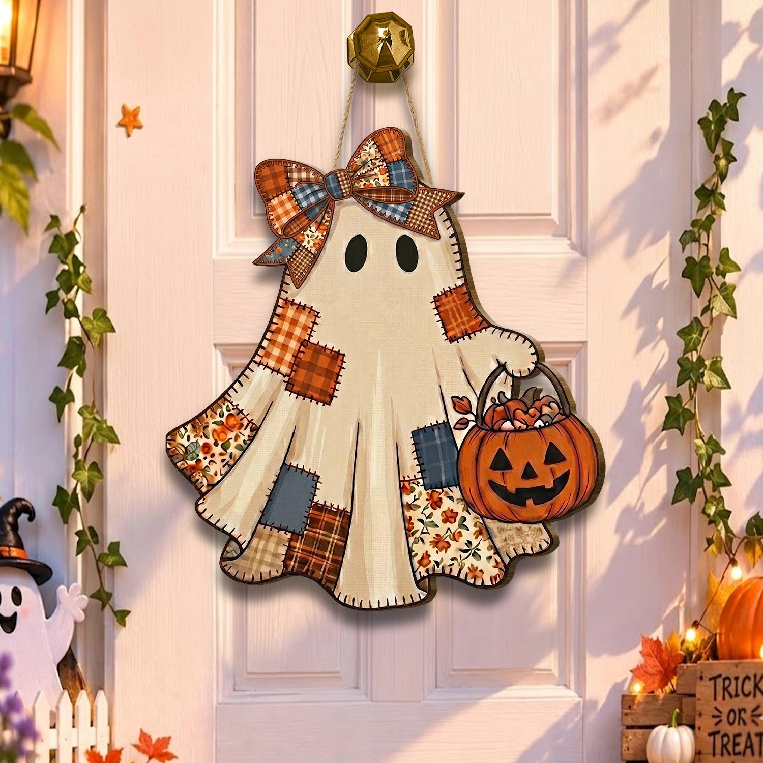 Patchwork Ghost Halloween Door Hanger, Cute Wooden Ghost Door Sign, Pumpkin Basket Fall Porch Decor, Rustic Farmhouse Halloween Decoration by Ornivo - Image 2