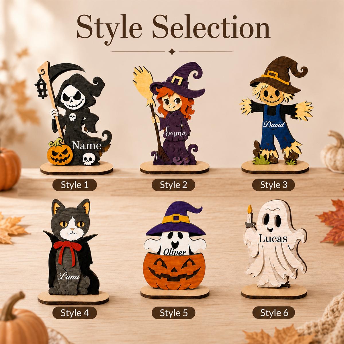 Personalized Halloween Wooden Figurine, Custom Name Spooky Character, Halloween Tabletop Decor, Cute Shelf Sitter, Halloween Gift by Ornivo - Image 2