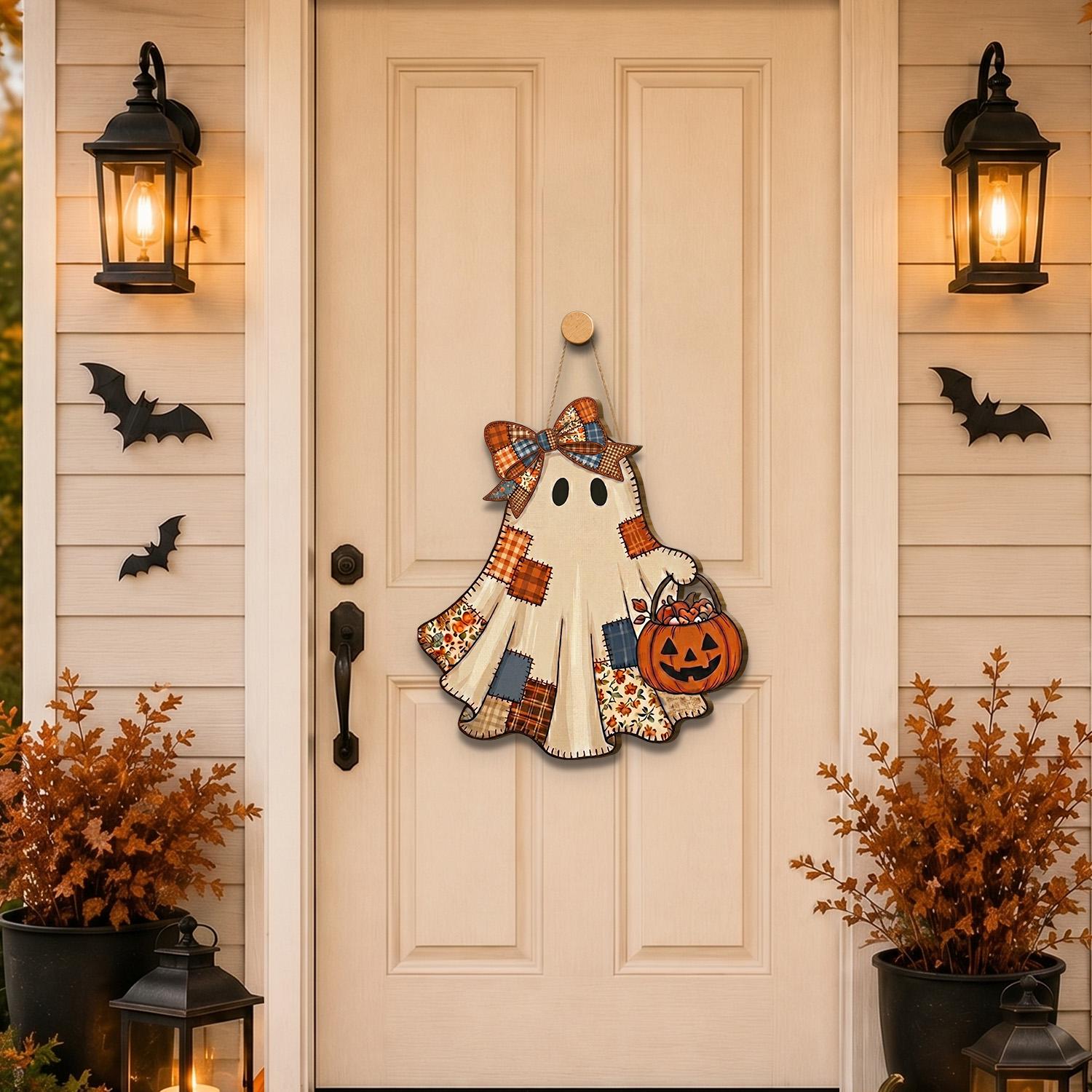 Patchwork Ghost Halloween Door Hanger, Cute Wooden Ghost Door Sign, Pumpkin Basket Fall Porch Decor, Rustic Farmhouse Halloween Decoration by Ornivo - Image 3