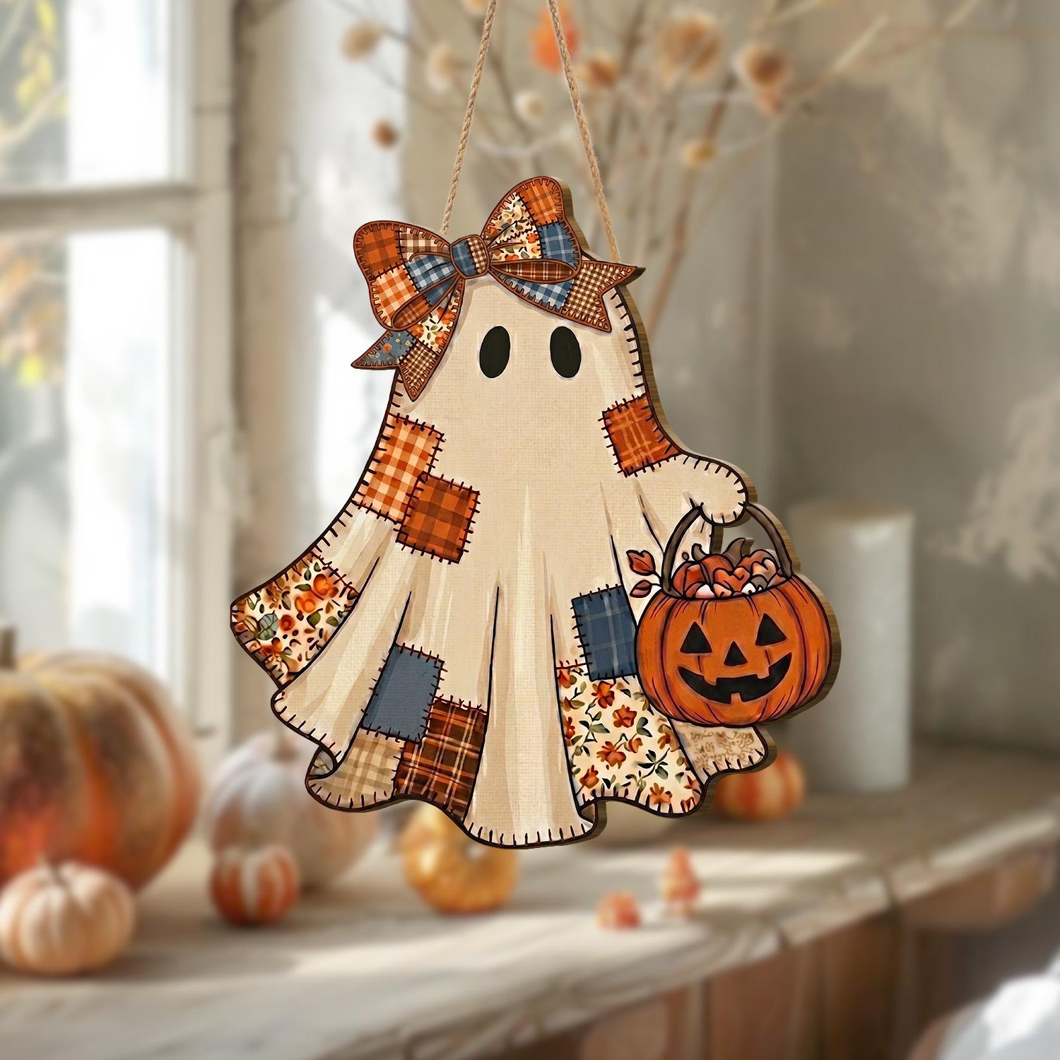 Patchwork Ghost Halloween Door Hanger, Cute Wooden Ghost Door Sign, Pumpkin Basket Fall Porch Decor, Rustic Farmhouse Halloween Decoration by Ornivo - Image 4