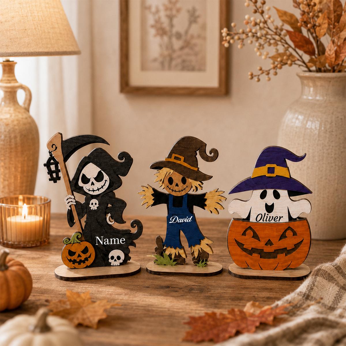 Personalized Halloween Wooden Figurine, Custom Name Spooky Character, Halloween Tabletop Decor, Cute Shelf Sitter, Halloween Gift by Ornivo - Image 5