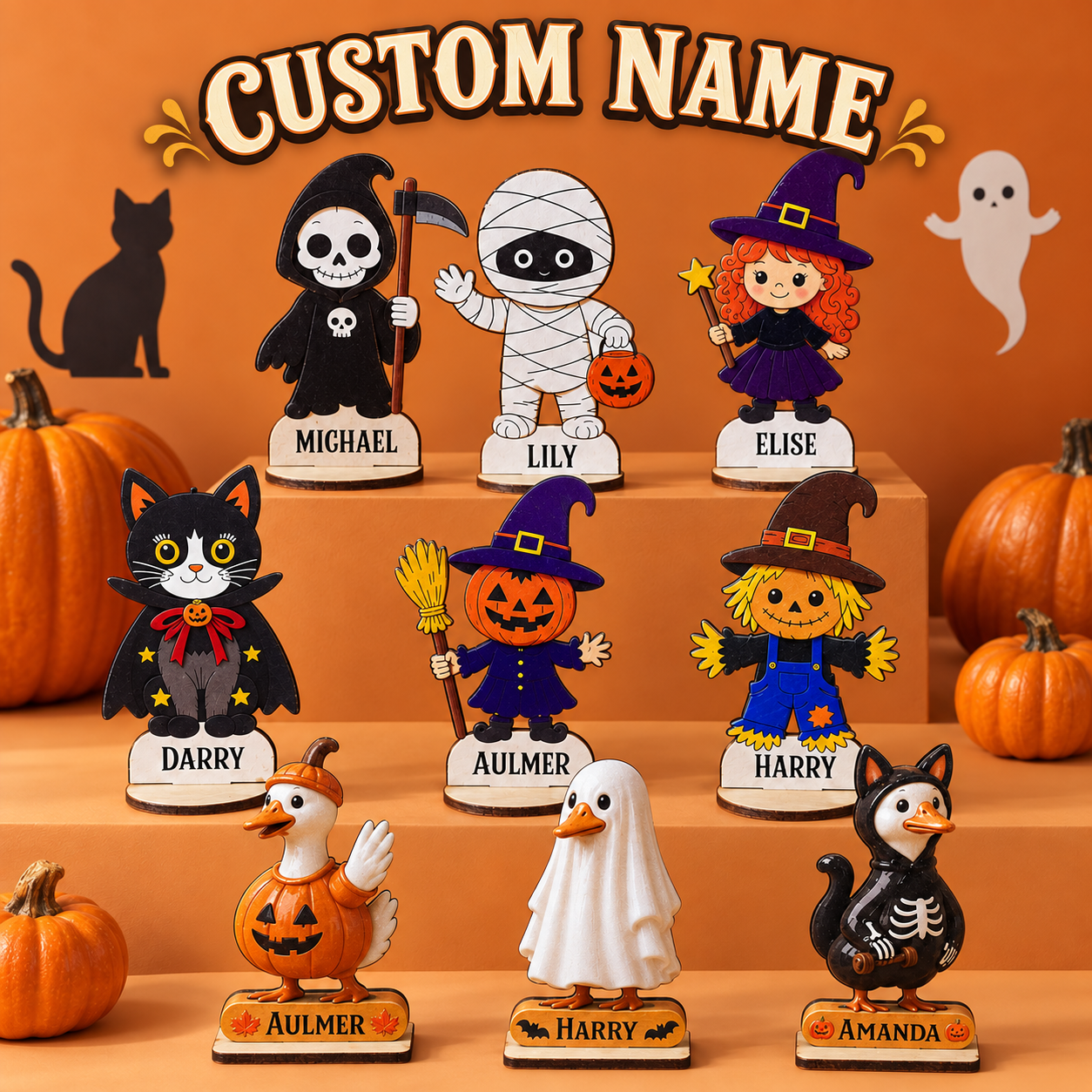 Personalized Wooden Halloween Name Signs – Custom Family Tabletop Decor