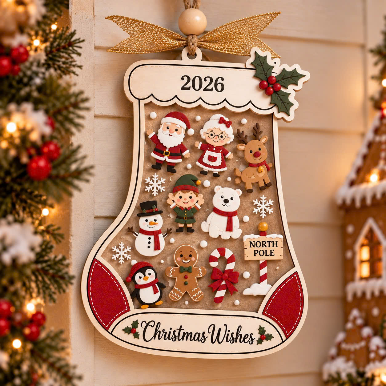 Wooden Christmas Stocking Door Hanger – Festive Holiday Decoration - Image 3
