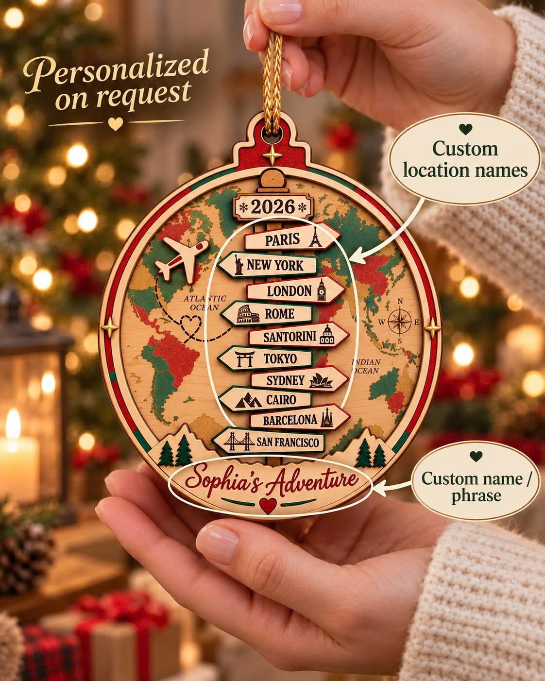 Personalized Travel Map Christmas Ornament – Custom Cities, Name & Year - Image 2