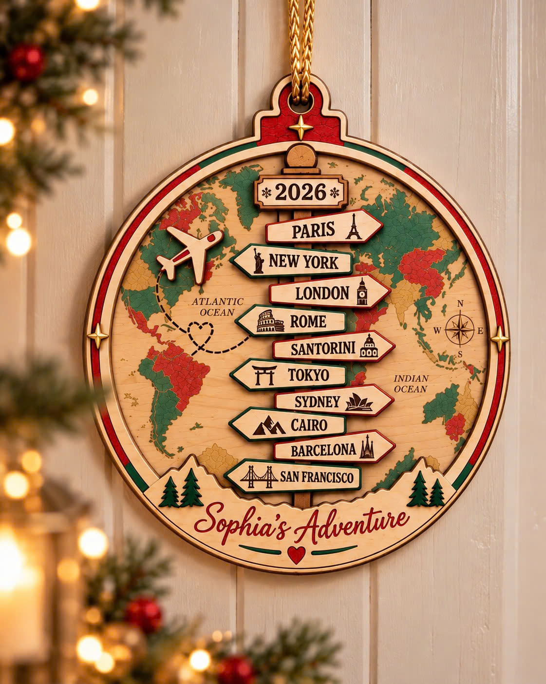 Personalized Travel Map Christmas Ornament – Custom Cities, Name & Year - Image 4