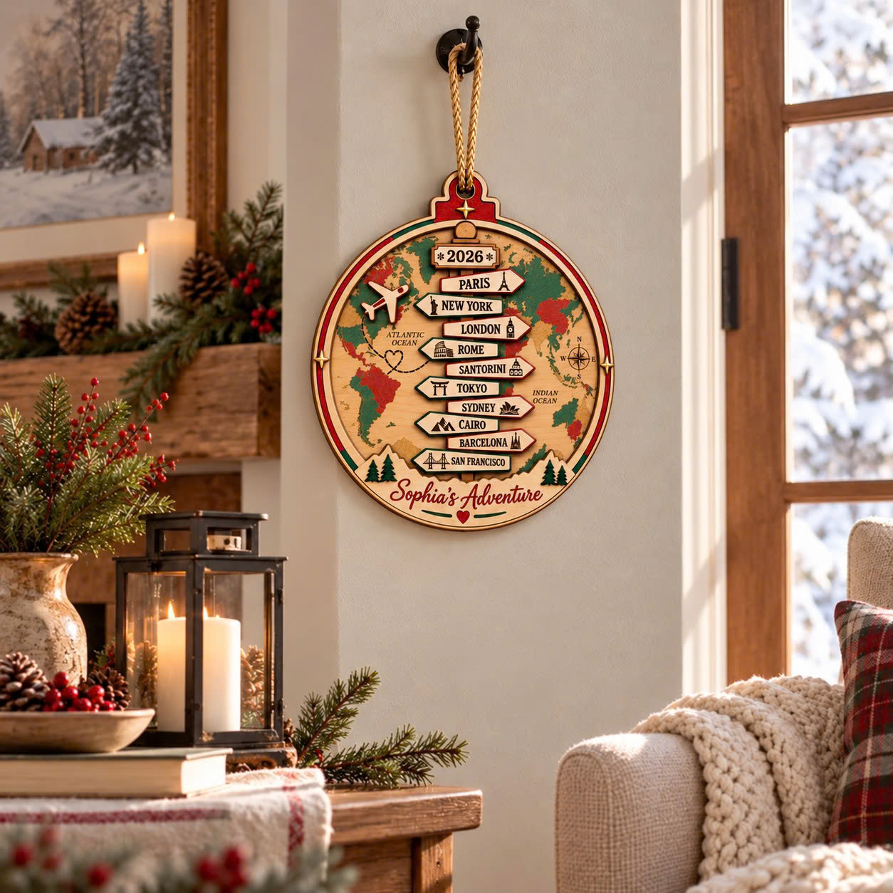 Personalized Travel Map Christmas Ornament – Custom Cities, Name & Year - Image 5