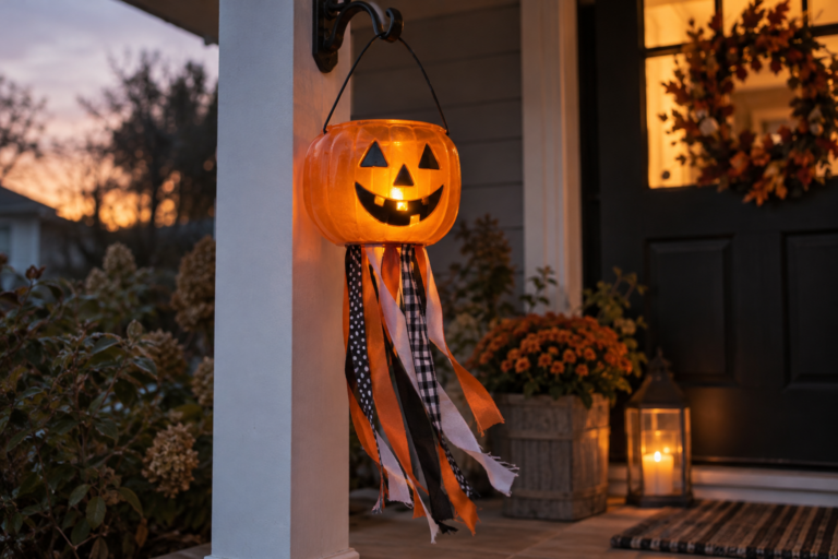 Glowing orange pumpkin bucket with flowing fabric ribbons on a covered porch