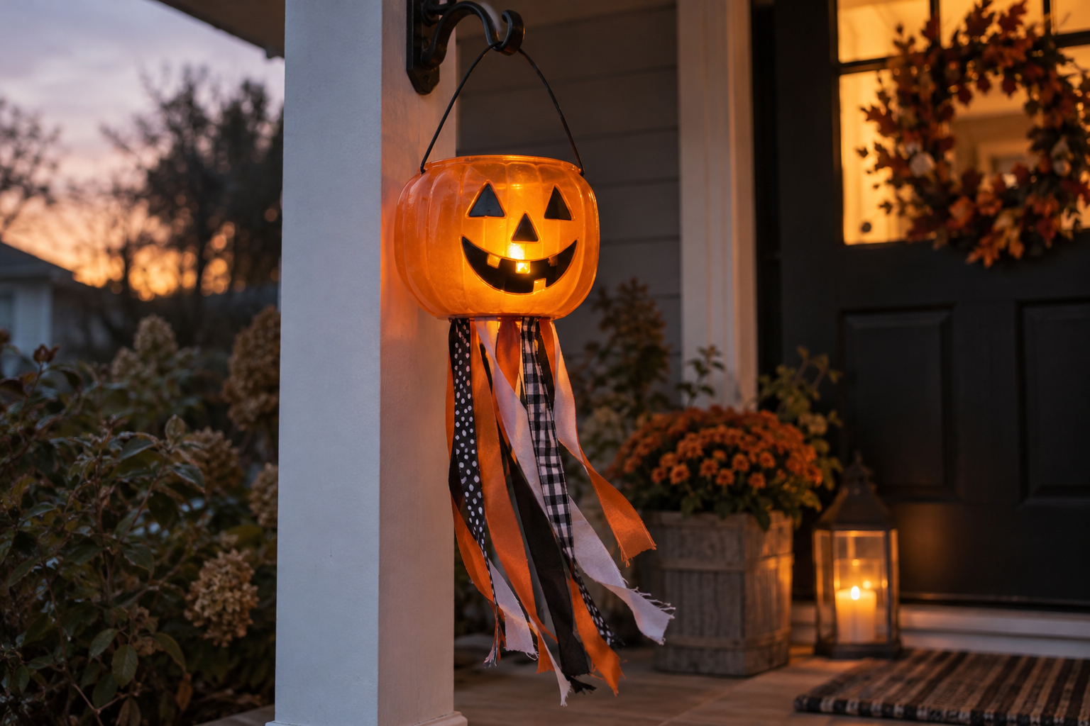 Finished glowing pumpkin bucket windsock