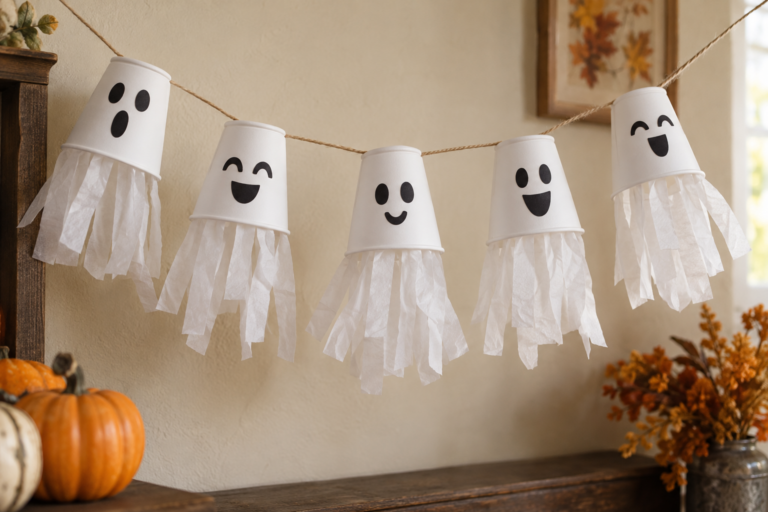 White paper cup ghost garland with tissue paper fringe hanging indoors