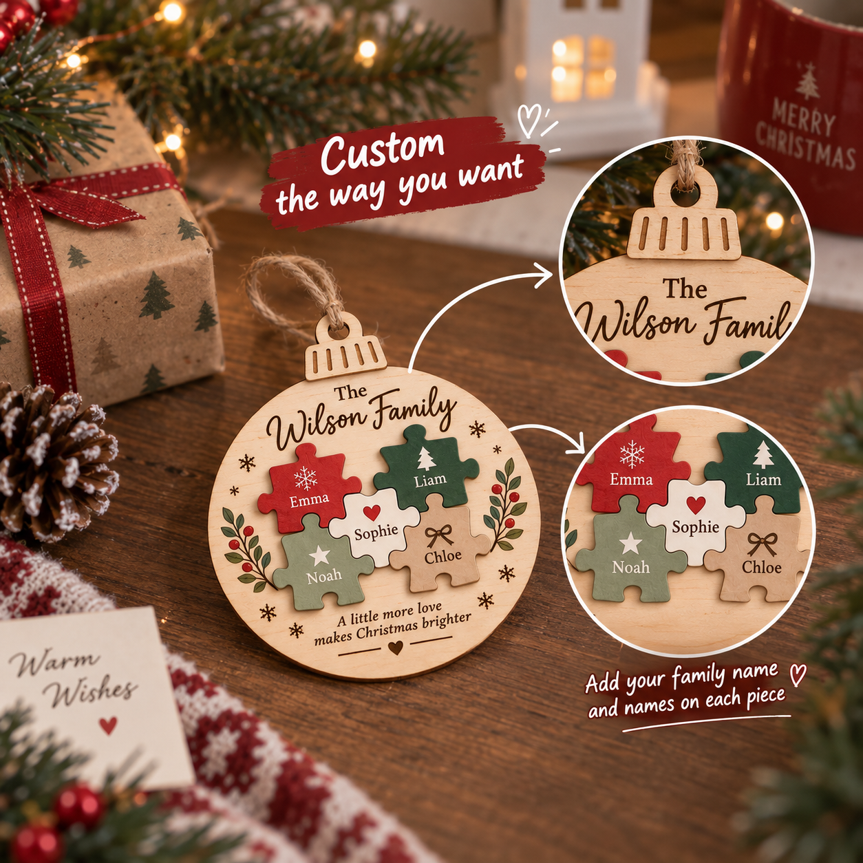 Personalized Family Puzzle Christmas Ornament – Custom Names Wooden Keepsake - Image 3