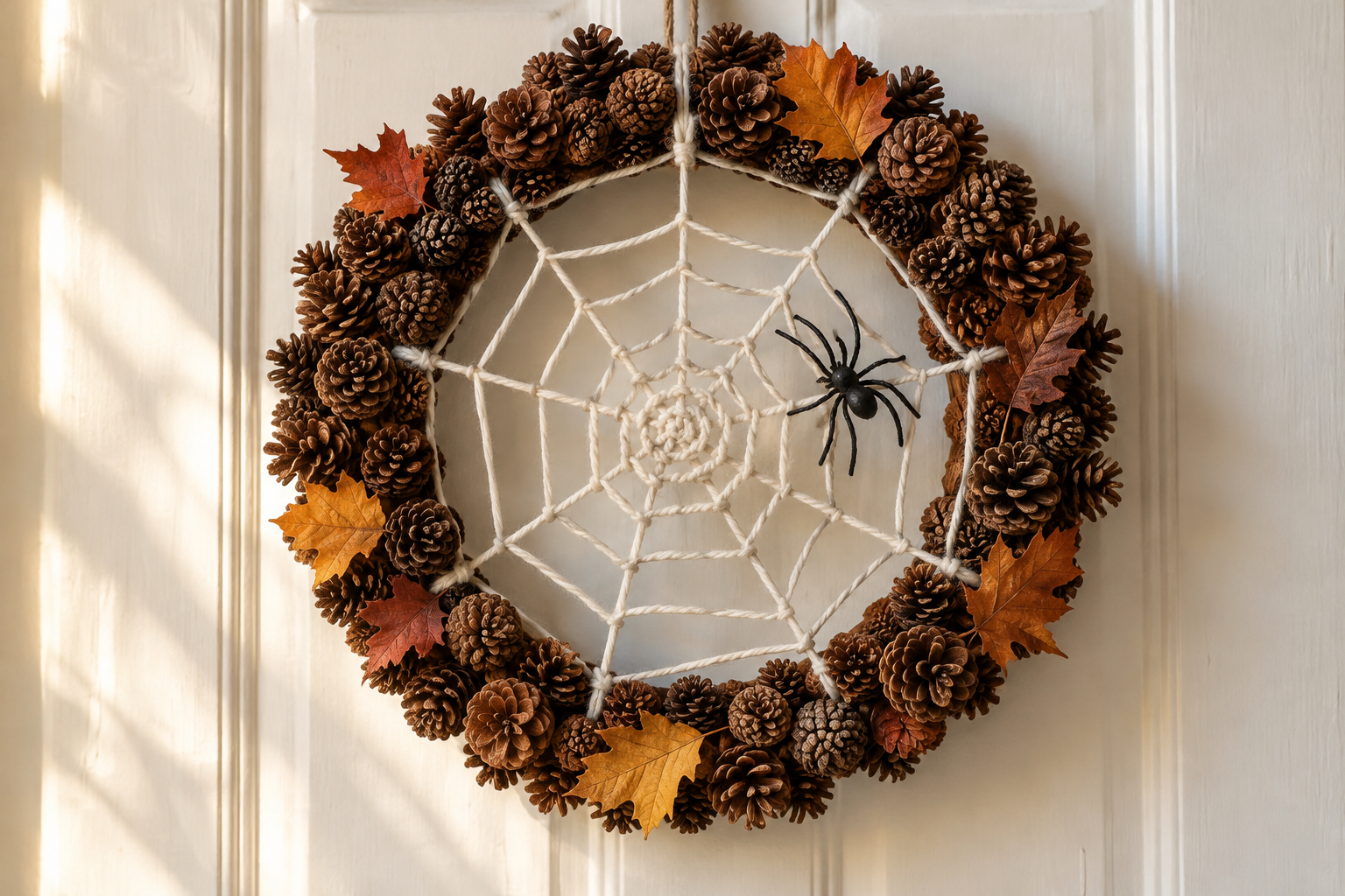 Finished pine cone spiderweb wreath