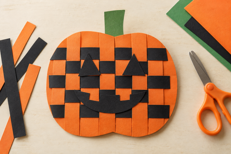 Orange paper jack-o’-lantern with black woven strips on a craft table