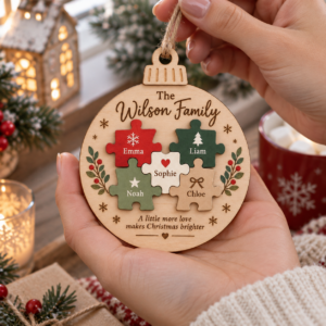 Personalized Family Puzzle Christmas Ornament – Custom Names Wooden Keepsake