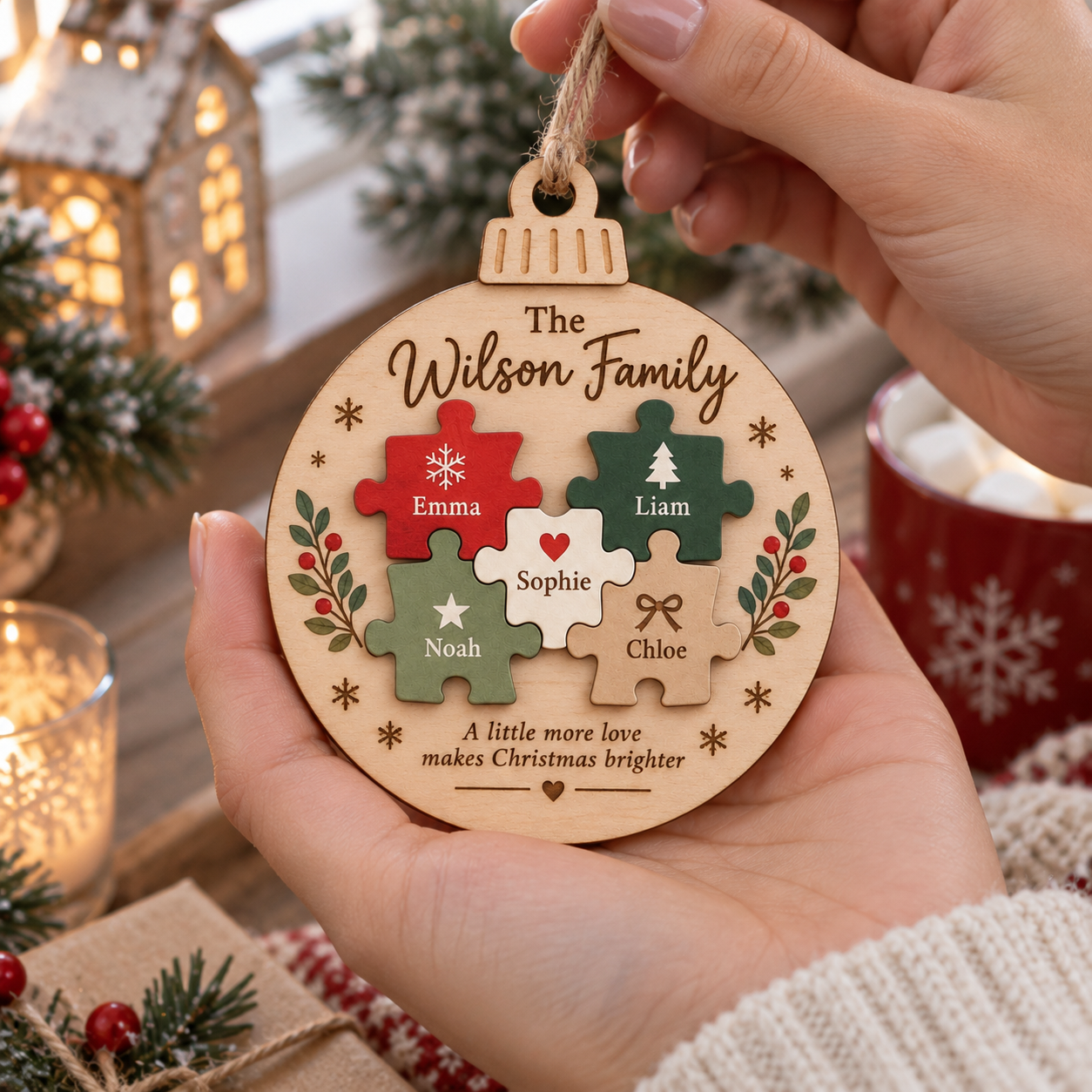 Personalized Family Puzzle Christmas Ornament – Custom Names Wooden Keepsake